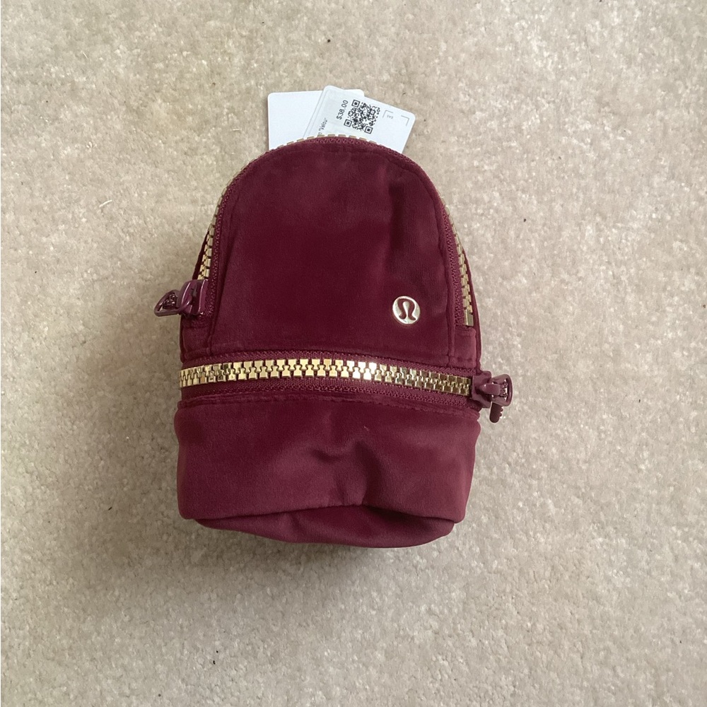 Lululemon Athletica Red and Gold Mini Bag Backpack Charm Nano Velour